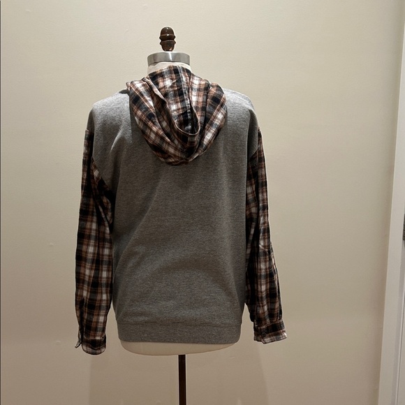 Furst of all Kind Women's Gray with Plaid Sleeves Zip Up Swestshirt - Picture 2 of 4